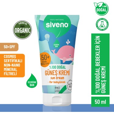 Siveno %100 Doğal Bebek Güneş Kremi Leke Karşıtı Antioksidan Nemlendirici Bitkisel Vegan UVA UVB SPF50