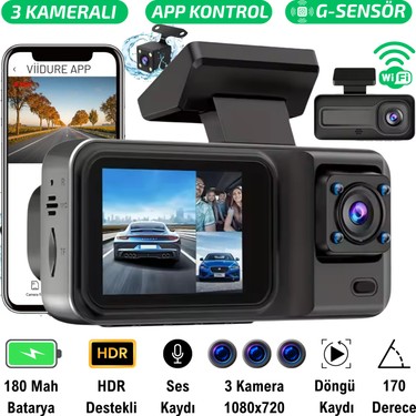 Sonreir CC-38 Wi-Fi Full HD 3 Kameralı Araç İçi Güvenlik Kamerası 64GB – IR Gece Görüşü, Ön-Arka-İç Kayıt, DashCam
