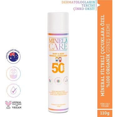 Minela Care 100% Organik Mineral Filtreli Bebek ve Çocuk Güneş Kremi Spf 50 110 gr PA++++