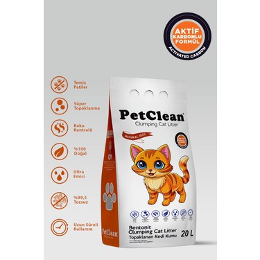 Pet Clean 20 Litre Aktif Karbonlu Ince Taneli Ultra Topaklanan Tozsuz Kedi Kumu